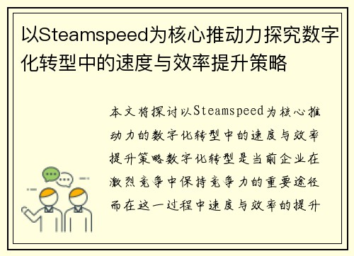 以Steamspeed为核心推动力探究数字化转型中的速度与效率提升策略